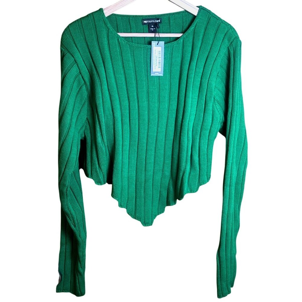 NWT~Pretty Little Thing  Sz XL Cropped Cable Knit Dip Hem Sweater KELLY GREEN - Picture 15 of 16